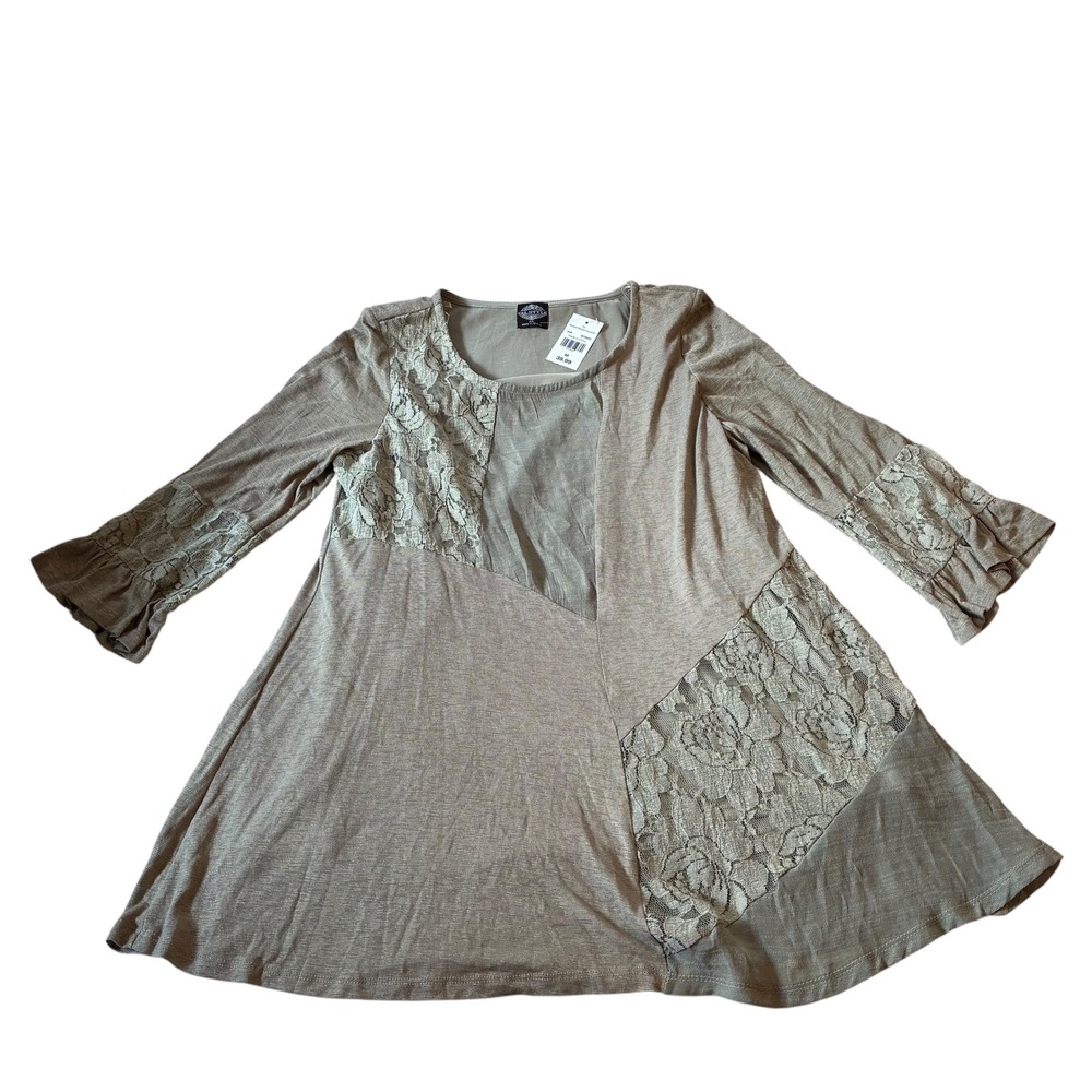 Calstyle Mixed Media Lace Panel Tunic Top Bell Sleeve M Neutral